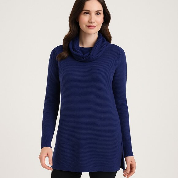 Adrienne Vittadini Naval Blue Cowl Neck Long Sleeve Tunic Sweater Womens L NWT - Picture 1 of 13